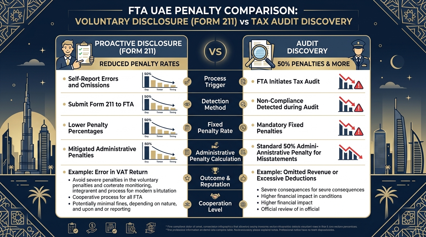 FTA UAE Penalty Comparison Voluntary Disclosure Form 211 vs Tax Audit Discovery 2026