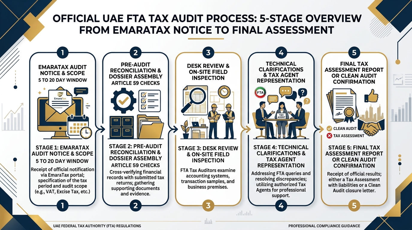 Official UAE FTA Tax Audit Process 5-Stage Flowchart 2026