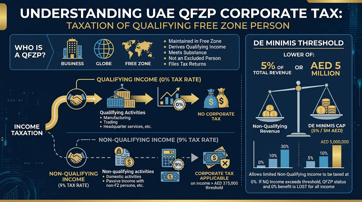 UAE QFZP Corporate Tax Qualifying Income and De Minimis Flowchart 2026