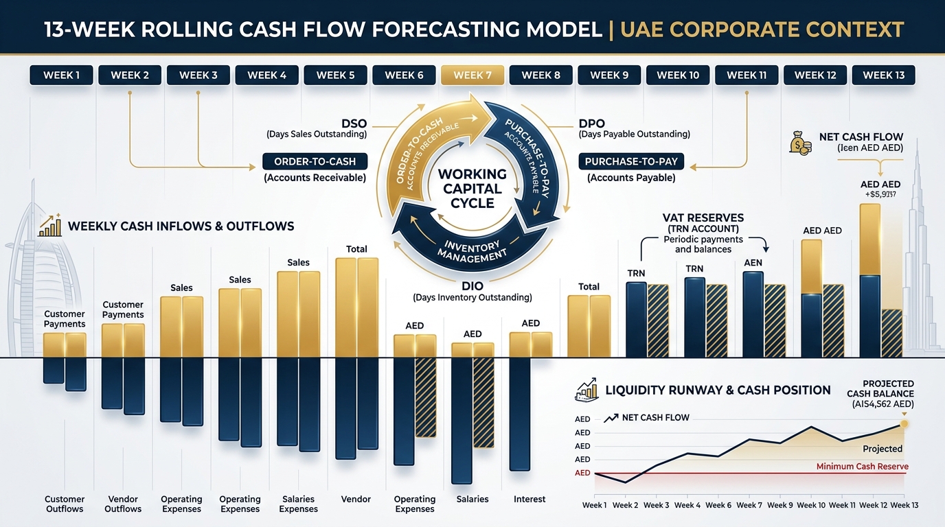 13-Week Rolling Cash Flow Forecasting Model & Working Capital Cycle UAE 2026